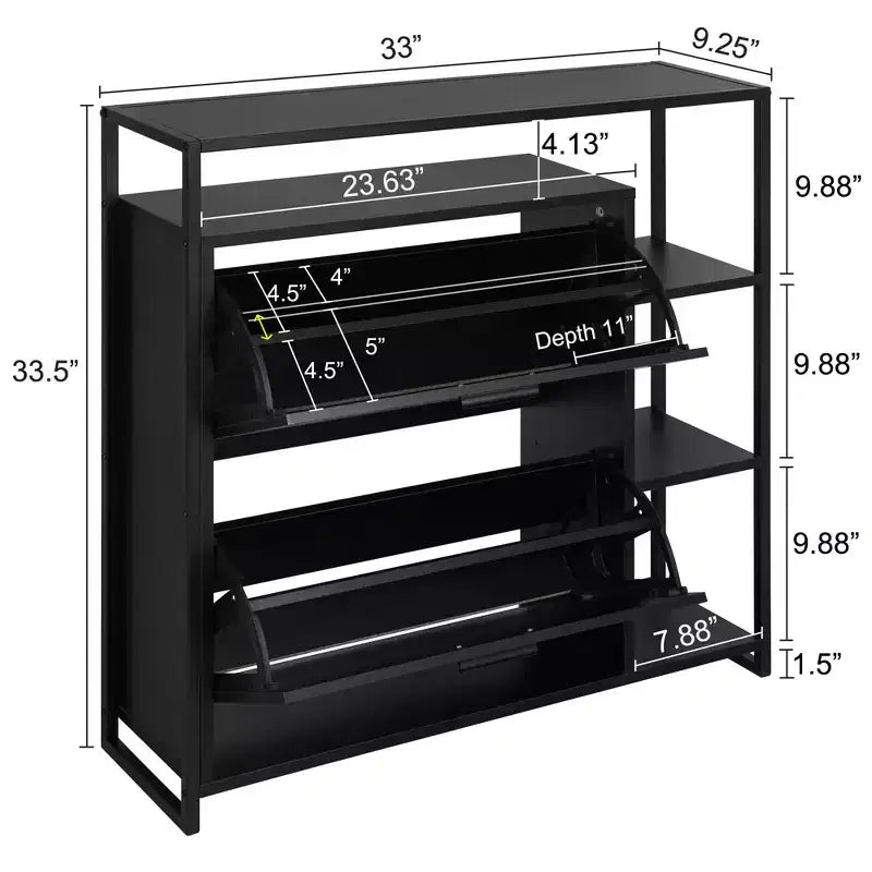 eHemco Scarpiera a 2 ante con 4 ripiani, organizer moderno, struttura in metallo nero, 2 cassetti a ribalta
