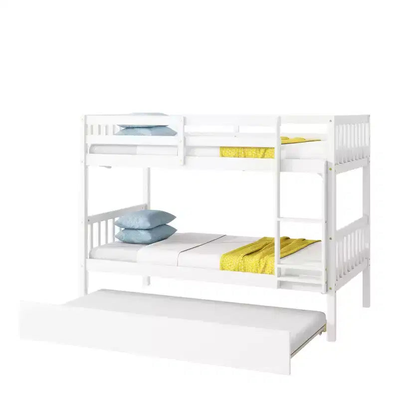 MAYEERTY Letto a Castello Doppio in Legno di Gomma con Letto Estraibile, con Scaletta e Sponde di Sicurezza, Bianco