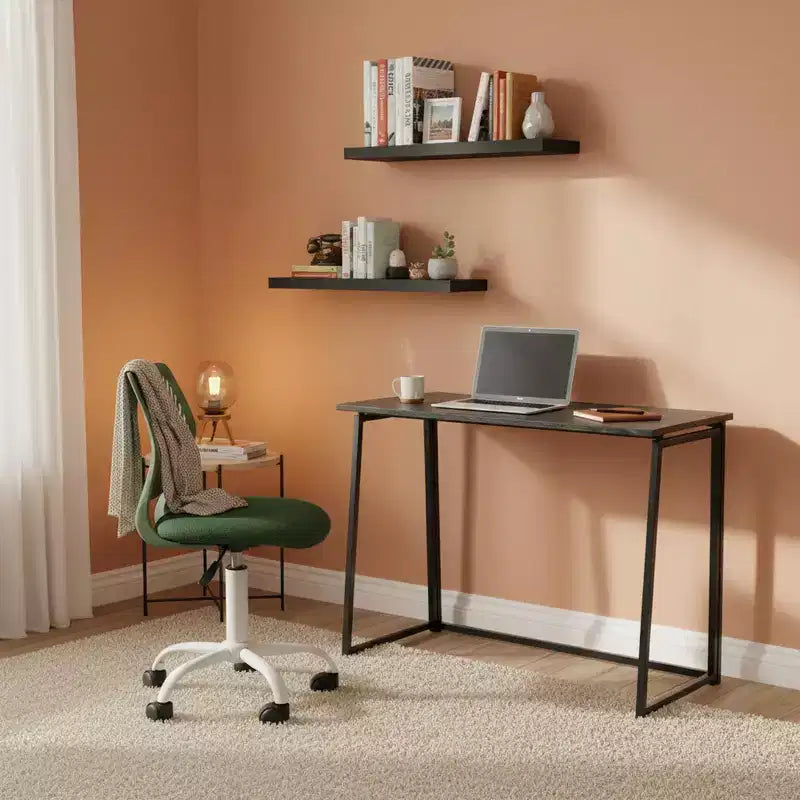 Set scrivania pieghevole 3 pezzi FurnitureR con sedia girevole regolabile e 2 mensole da parete galleggianti, combinazione salvaspazio per studio e postazione di lavoro, design moderno