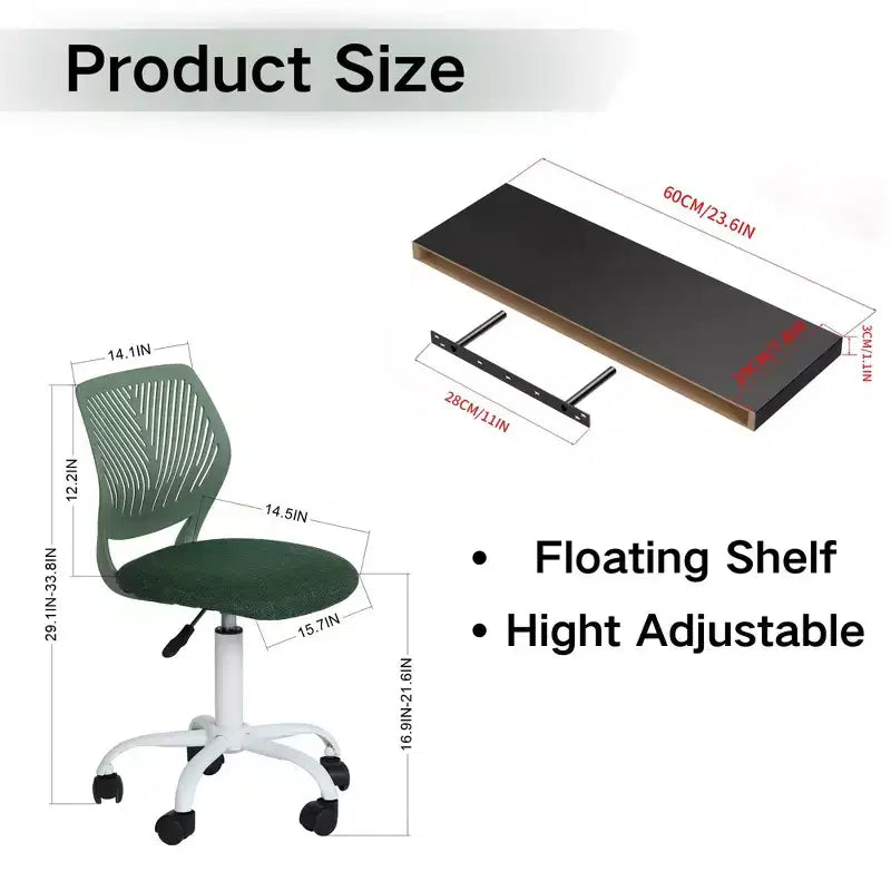 Set scrivania pieghevole 3 pezzi FurnitureR con sedia girevole regolabile e 2 mensole da parete galleggianti, combinazione salvaspazio per studio e postazione di lavoro, design moderno