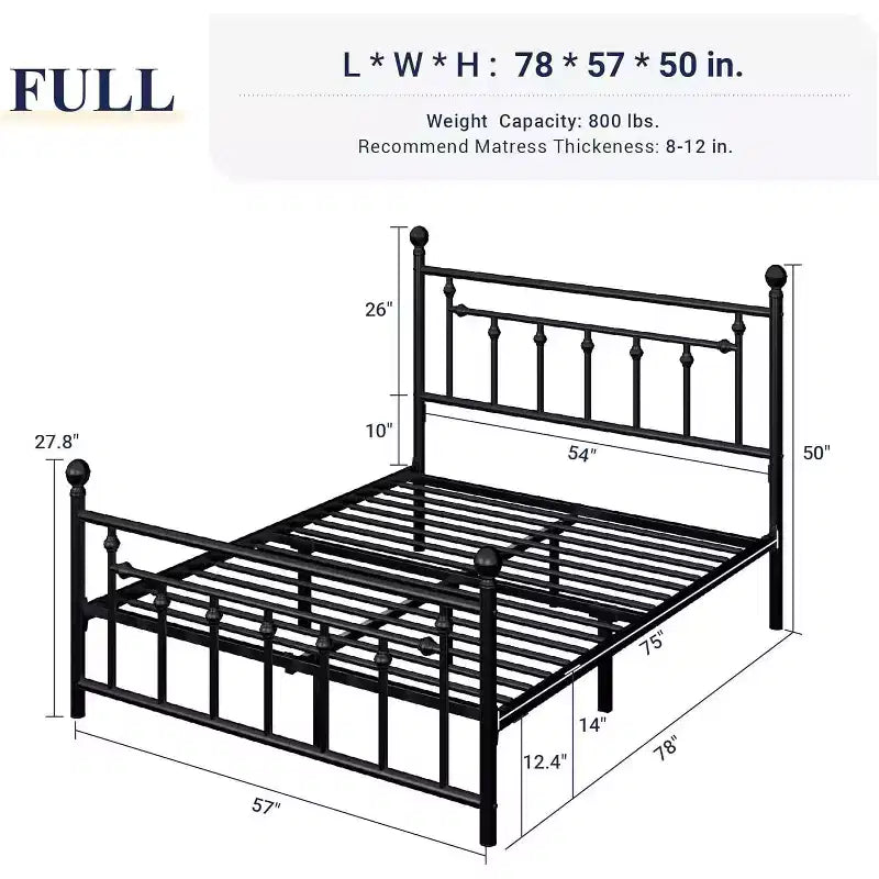 Elegante Struttura Letto Matrimoniale in Metallo da 14 Pollici con Testiera e Pediera Vintage, Nessun Box Spring, Contenitore Sottoletto, Silenzioso e Facile da Montare