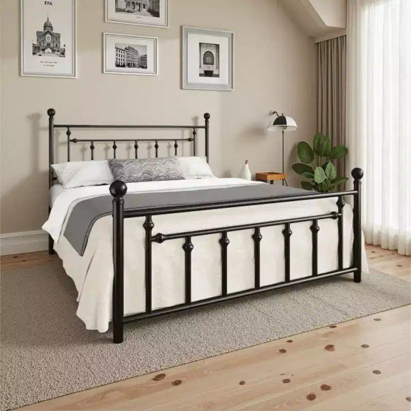 Elegante Struttura Letto Matrimoniale in Metallo da 14 Pollici con Testiera e Pediera Vintage, Nessun Box Spring, Contenitore Sottoletto, Silenzioso e Facile da Montare