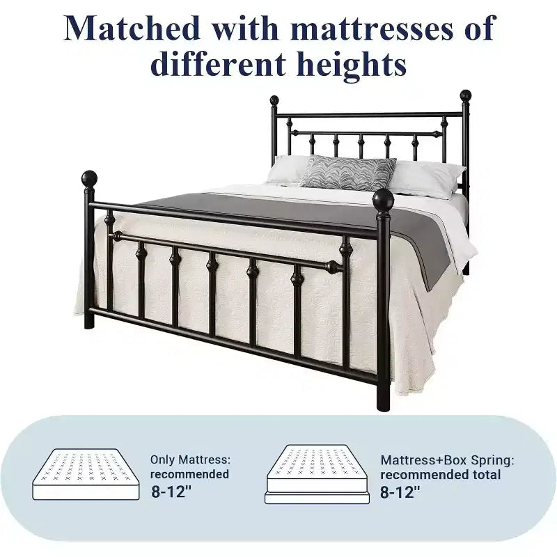 Elegante Struttura Letto Matrimoniale in Metallo da 14 Pollici con Testiera e Pediera Vintage, Nessun Box Spring, Contenitore Sottoletto, Silenzioso e Facile da Montare