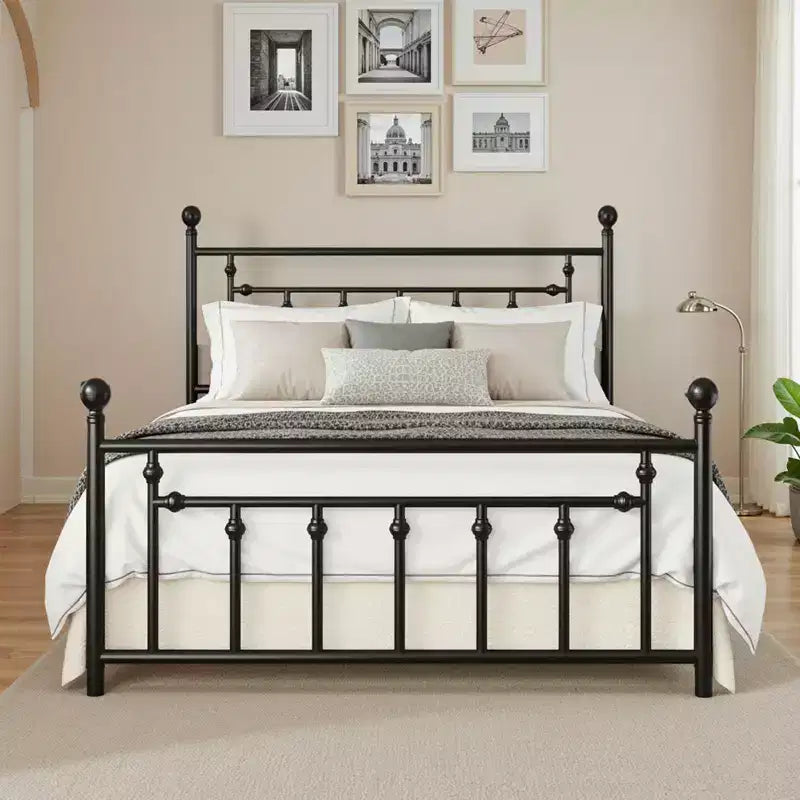 Elegante Struttura Letto Matrimoniale in Metallo da 14 Pollici con Testiera e Pediera Vintage, Nessun Box Spring, Contenitore Sottoletto, Silenzioso e Facile da Montare