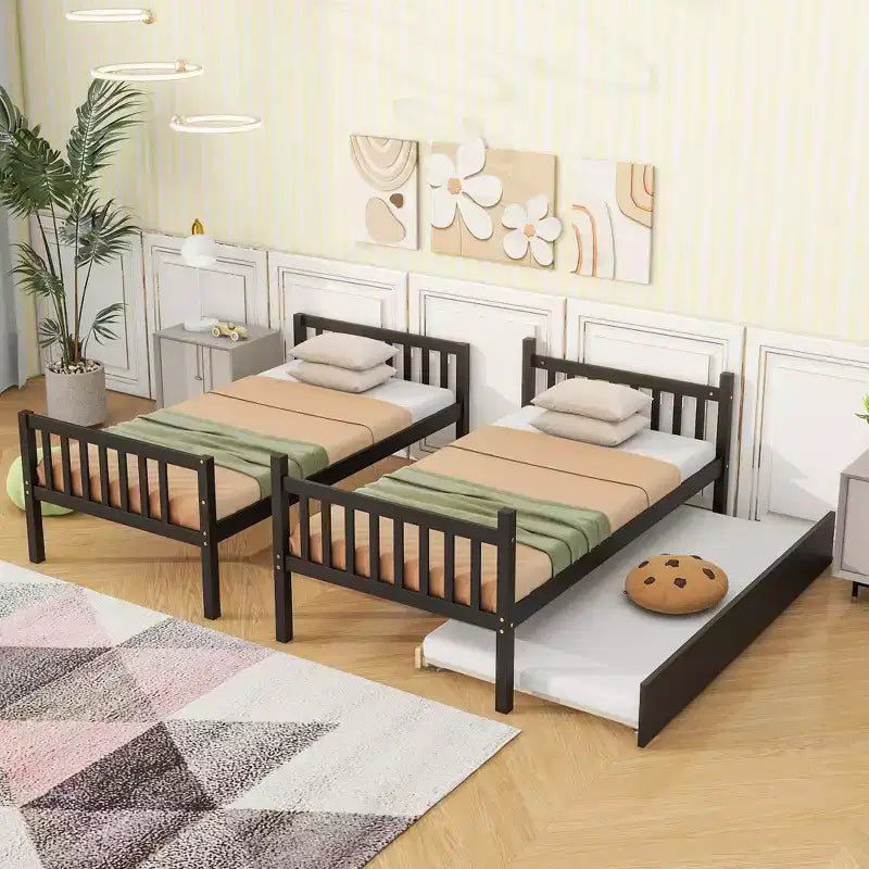 MAYEERTY Letto a Castello in Legno di Gomma con Materasso Estraibile Convertibile in Letto Matrimoniale, Scala e Sponde di Sicurezza, Espresso