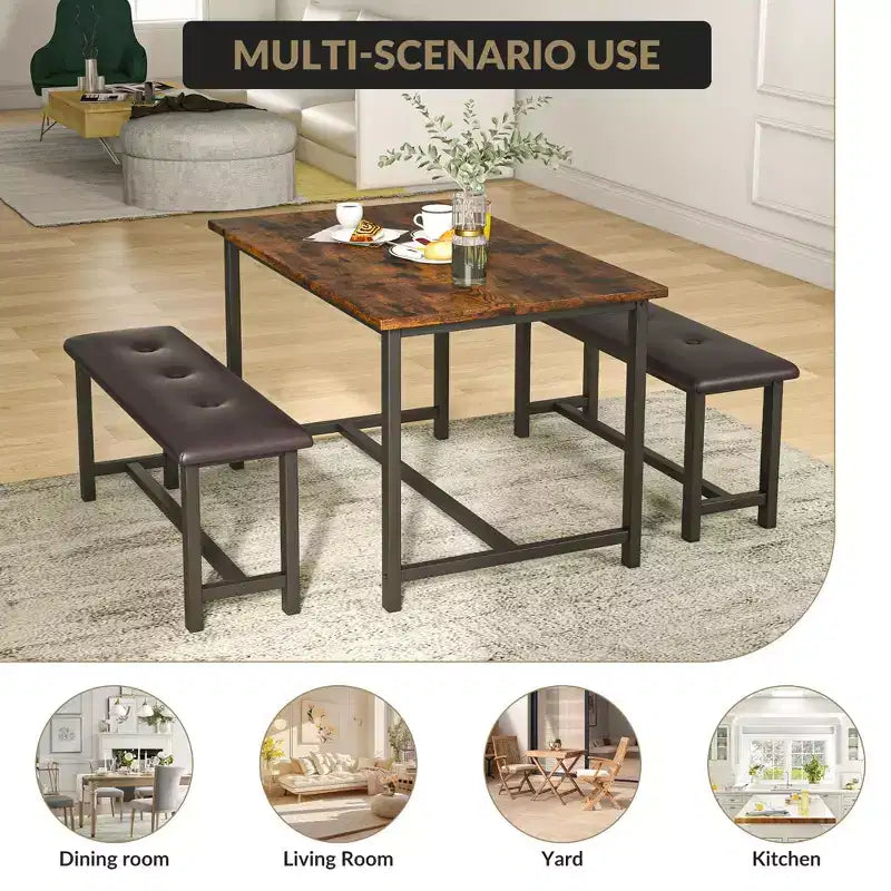 Set da Tavolo da Pranzo per 4, Set Tavolo da Cucina Piccolo, Tavolo da Cucina in Legno Industriale Moderno, 2 Panche Imbottite, Struttura in Metallo, per Soggiorno