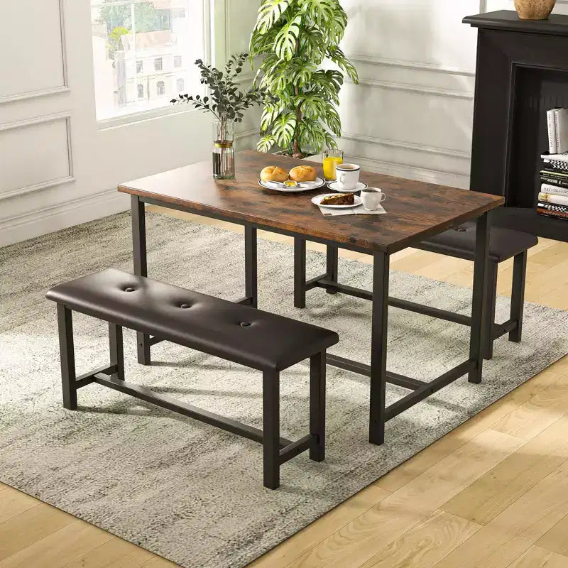 Set da Tavolo da Pranzo per 4, Set Tavolo da Cucina Piccolo, Tavolo da Cucina in Legno Industriale Moderno, 2 Panche Imbottite, Struttura in Metallo, per Soggiorno