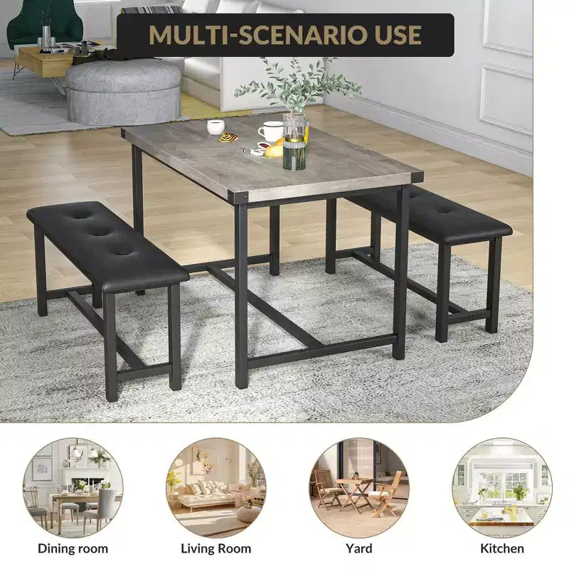 Set da Tavolo da Pranzo per 4, Set Tavolo da Cucina Piccolo, Tavolo da Cucina in Legno Industriale Moderno, 2 Panche Imbottite, Struttura in Metallo, per Soggiorno