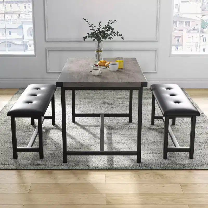 Set da Tavolo da Pranzo per 4, Set Tavolo da Cucina Piccolo, Tavolo da Cucina in Legno Industriale Moderno, 2 Panche Imbottite, Struttura in Metallo, per Soggiorno