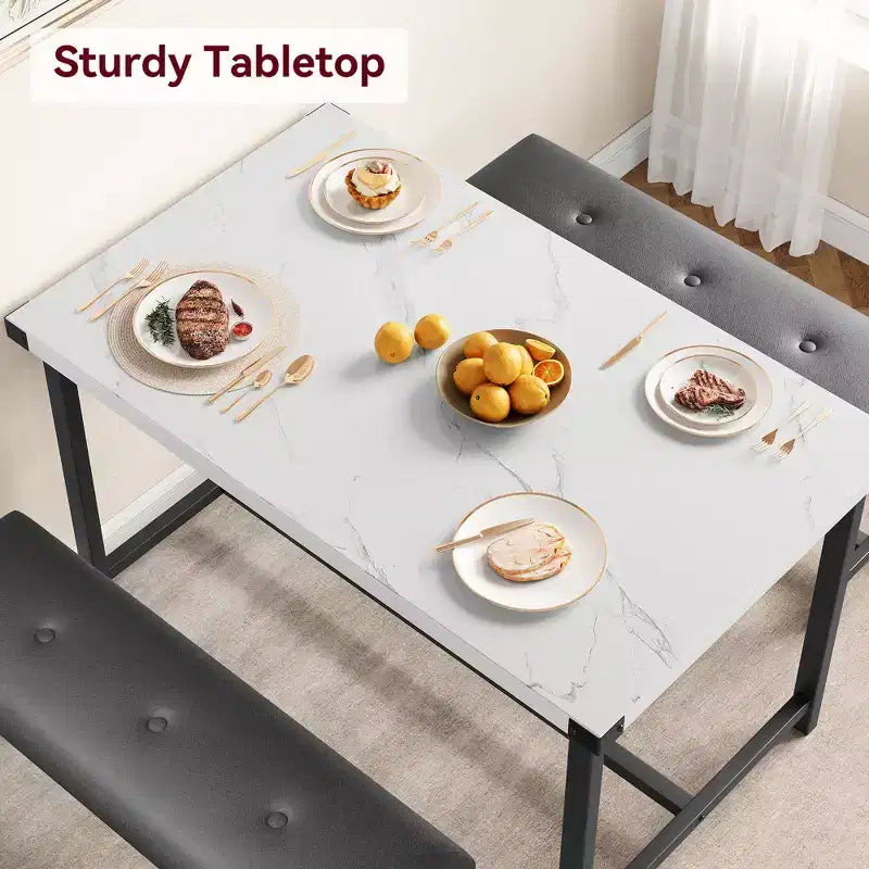Set da Tavolo da Pranzo per 4, Set Tavolo da Cucina Piccolo, Tavolo da Cucina in Legno Industriale Moderno, 2 Panche Imbottite, Struttura in Metallo, per Soggiorno