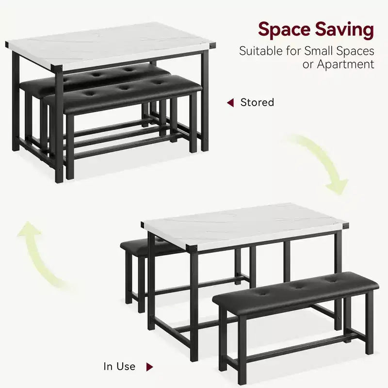 Set da Tavolo da Pranzo per 4, Set Tavolo da Cucina Piccolo, Tavolo da Cucina in Legno Industriale Moderno, 2 Panche Imbottite, Struttura in Metallo, per Soggiorno