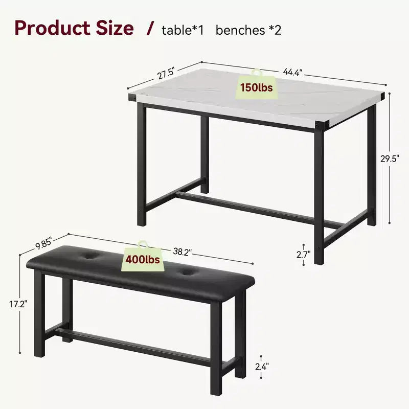 Set da Tavolo da Pranzo per 4, Set Tavolo da Cucina Piccolo, Tavolo da Cucina in Legno Industriale Moderno, 2 Panche Imbottite, Struttura in Metallo, per Soggiorno
