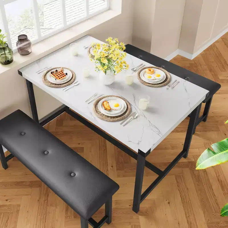 Set da Tavolo da Pranzo per 4, Set Tavolo da Cucina Piccolo, Tavolo da Cucina in Legno Industriale Moderno, 2 Panche Imbottite, Struttura in Metallo, per Soggiorno