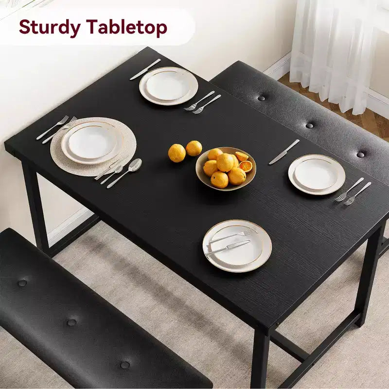 Set da Tavolo da Pranzo per 4, Set Tavolo da Cucina Piccolo, Tavolo da Cucina in Legno Industriale Moderno, 2 Panche Imbottite, Struttura in Metallo, per Soggiorno