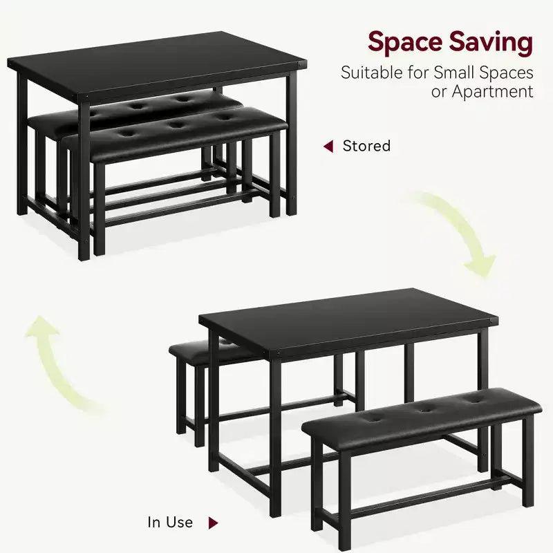 Set da Tavolo da Pranzo per 4, Set Tavolo da Cucina Piccolo, Tavolo da Cucina in Legno Industriale Moderno, 2 Panche Imbottite, Struttura in Metallo, per Soggiorno