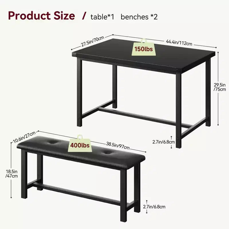 Set da Tavolo da Pranzo per 4, Set Tavolo da Cucina Piccolo, Tavolo da Cucina in Legno Industriale Moderno, 2 Panche Imbottite, Struttura in Metallo, per Soggiorno