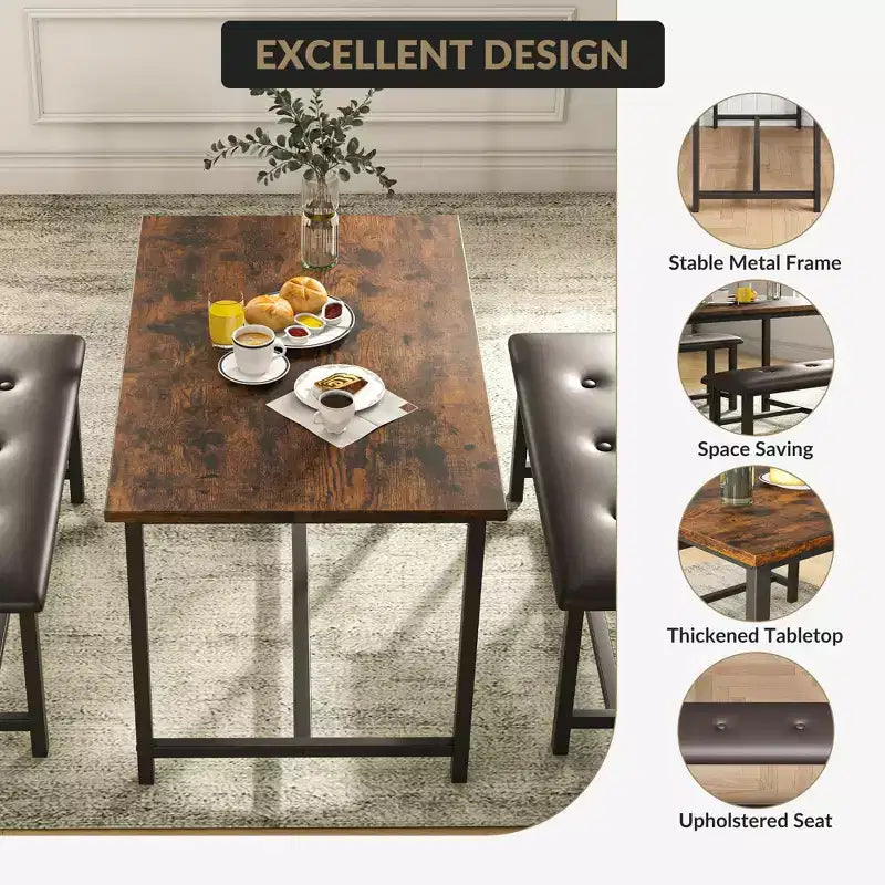 Set da Tavolo da Pranzo per 4, Set Tavolo da Cucina Piccolo, Tavolo da Cucina in Legno Industriale Moderno, 2 Panche Imbottite, Struttura in Metallo, per Soggiorno