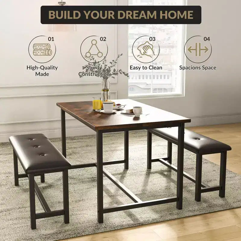 Set da Tavolo da Pranzo per 4, Set Tavolo da Cucina Piccolo, Tavolo da Cucina in Legno Industriale Moderno, 2 Panche Imbottite, Struttura in Metallo, per Soggiorno
