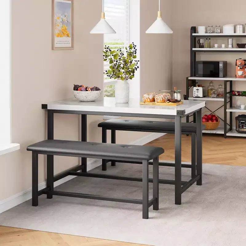 Set da Tavolo da Pranzo per 4, Set Tavolo da Cucina Piccolo, Tavolo da Cucina in Legno Industriale Moderno, 2 Panche Imbottite, Struttura in Metallo, per Soggiorno