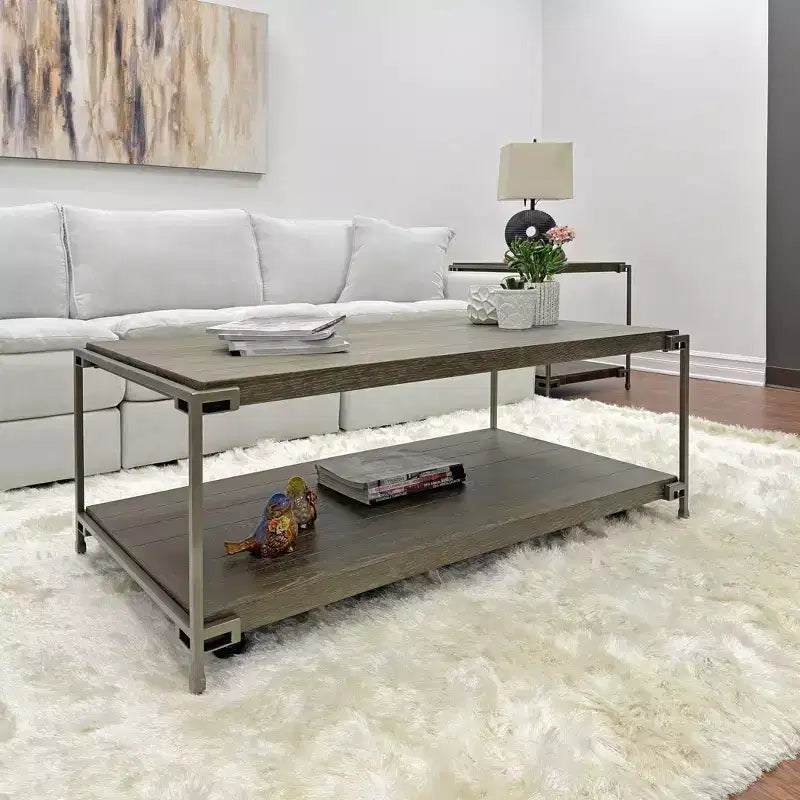 Industrial Metal-Frame Wooden Coffee Table with Rolling Casters