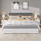 King Size Bed Frame,Wooden Bed Frame with Fabric Upholstered Headboard,No Box Spring Needed,Strong Wooden Slats,Easy Assembly,White