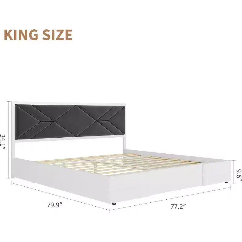 Struttura letto king size, Struttura letto in legno con testiera imbottita in tessuto, Nessuna rete a molle richiesta, Robuste doghe in legno, Facile da montare, Bianco
