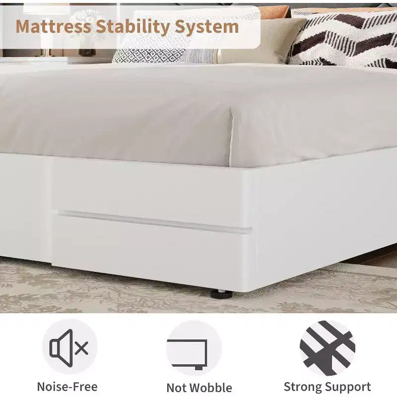 Struttura letto king size, Struttura letto in legno con testiera imbottita in tessuto, Nessuna rete a molle richiesta, Robuste doghe in legno, Facile da montare, Bianco