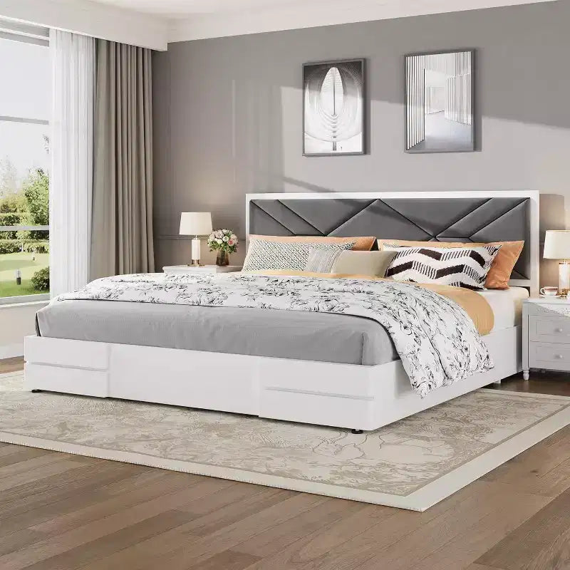 Struttura letto king size, Struttura letto in legno con testiera imbottita in tessuto, Nessuna rete a molle richiesta, Robuste doghe in legno, Facile da montare, Bianco