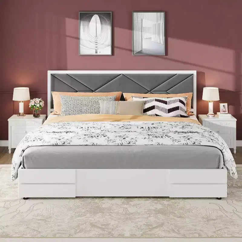 Struttura letto king size, Struttura letto in legno con testiera imbottita in tessuto, Nessuna rete a molle richiesta, Robuste doghe in legno, Facile da montare, Bianco