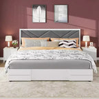 Struttura letto king size, Struttura letto in legno con testiera imbottita in tessuto, Nessuna rete a molle richiesta, Robuste doghe in legno, Facile da montare, Bianco