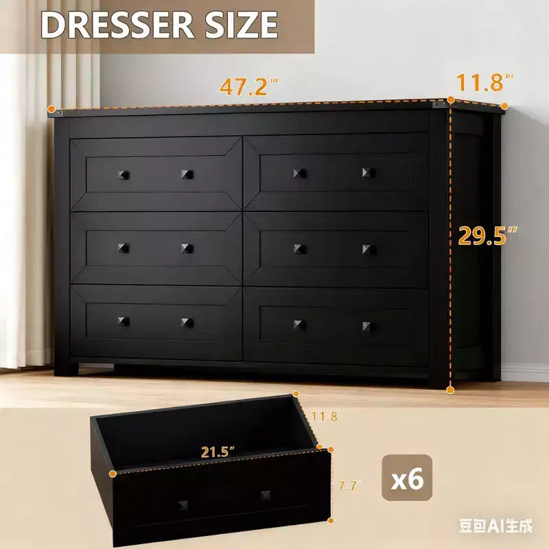 Cassettiera a 6 cassetti per camera da letto, Comò con ampio spazio contenitivo, Cassettiera in legno moderno stile rustico per camera da letto, corridoio, ingresso, armadio