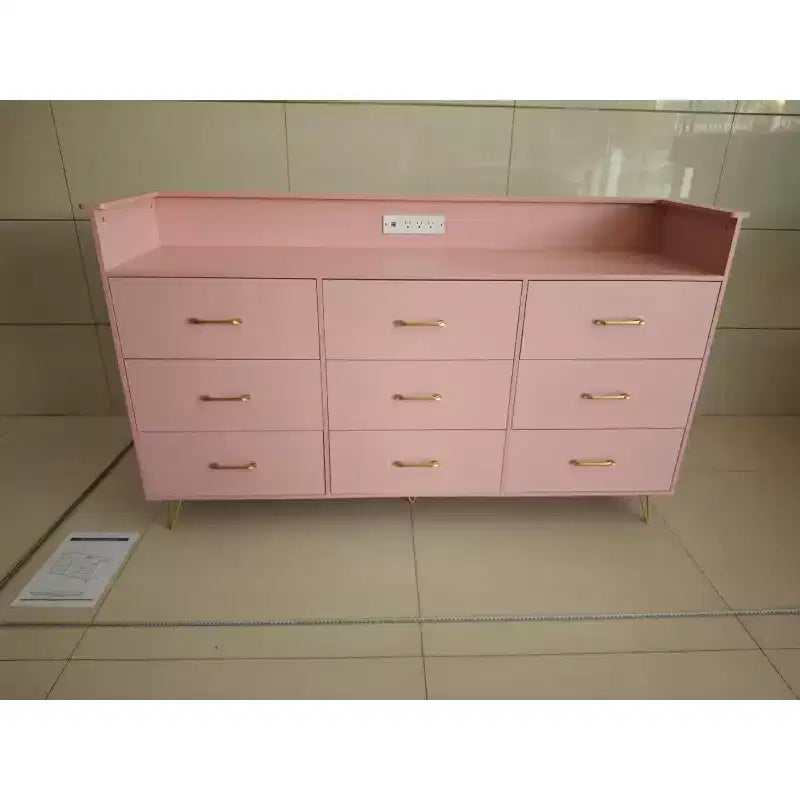 Nine-drawer chest with light and charging station, large-capacity wooden drawer chest, suitable for bedroom, wardrobe, and living room storage, pink.