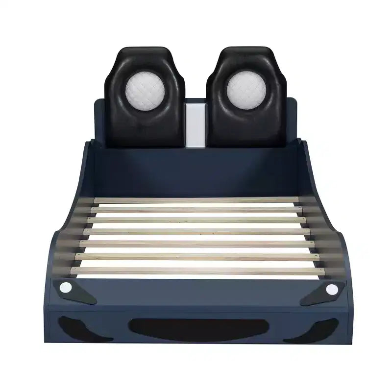 Letto a forma di auto da corsa per bambini, misura doppia, con luce a LED e schienale imbottito, struttura in legno, piattaforma letto per bambini