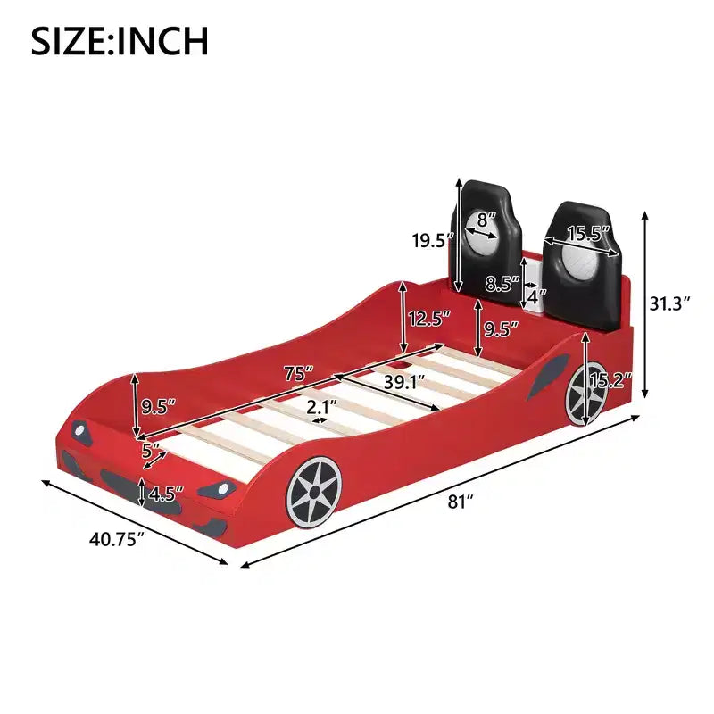 Letto a forma di auto da corsa per bambini, misura doppia, con luce a LED e schienale imbottito, struttura in legno, piattaforma letto per bambini