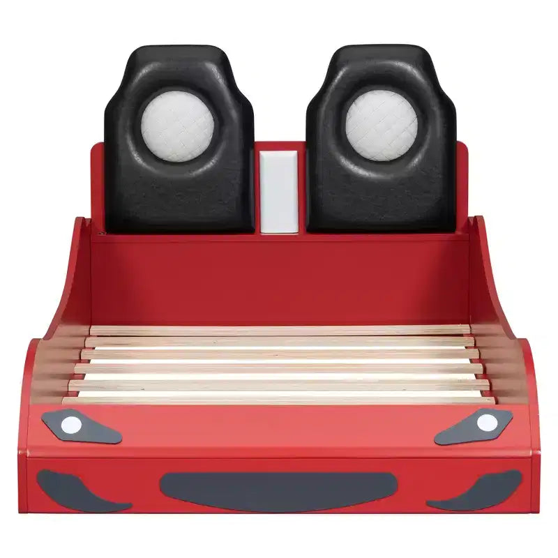 Letto a forma di auto da corsa per bambini, misura doppia, con luce a LED e schienale imbottito, struttura in legno, piattaforma letto per bambini
