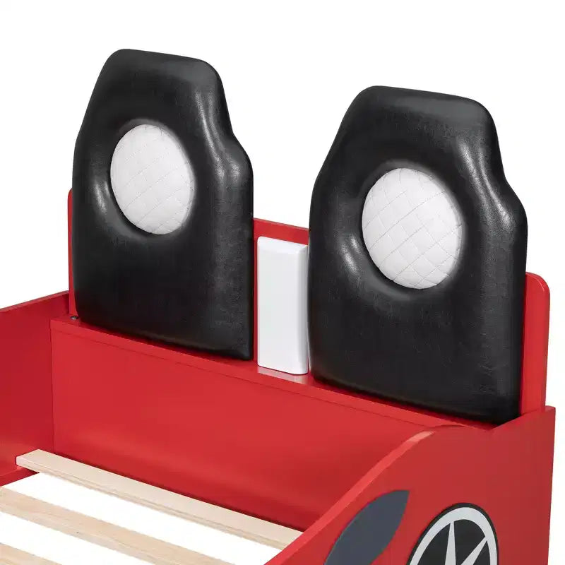 Letto a forma di auto da corsa per bambini, misura doppia, con luce a LED e schienale imbottito, struttura in legno, piattaforma letto per bambini