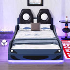 Letto a forma di auto da corsa per bambini, misura doppia, con luce a LED e schienale imbottito, struttura in legno, piattaforma letto per bambini