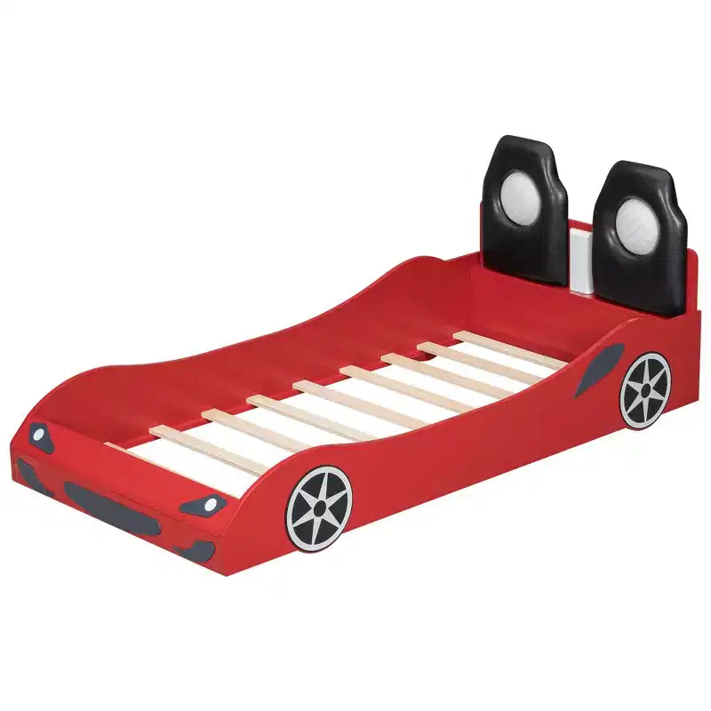 Letto a forma di auto da corsa per bambini, misura doppia, con luce a LED e schienale imbottito, struttura in legno, piattaforma letto per bambini