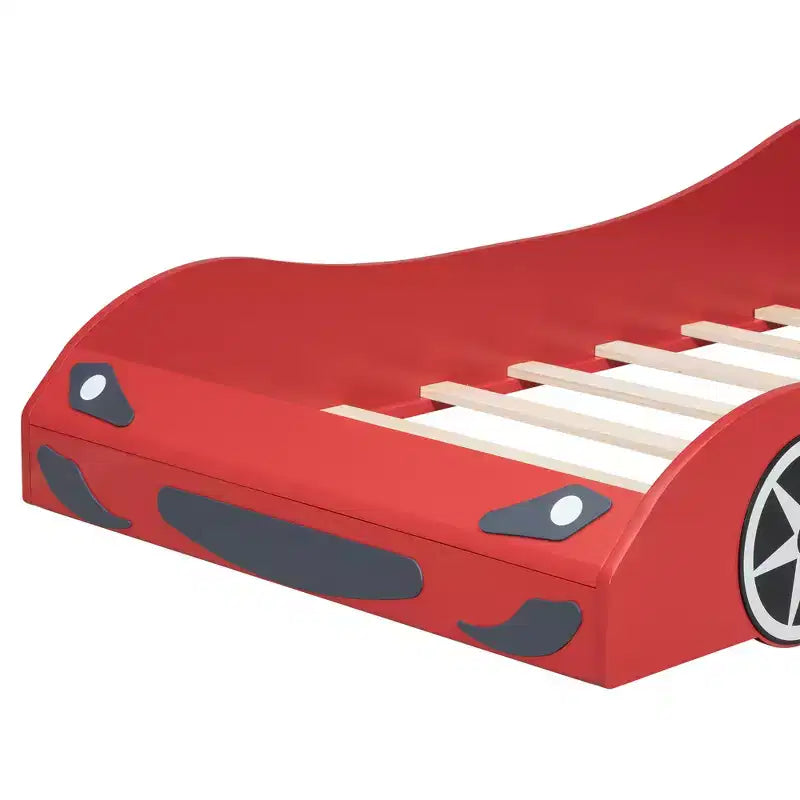 Letto a forma di auto da corsa per bambini, misura doppia, con luce a LED e schienale imbottito, struttura in legno, piattaforma letto per bambini