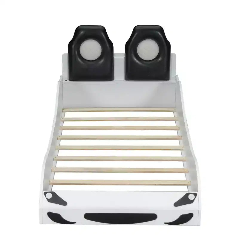 Letto a forma di auto da corsa per bambini, misura doppia, con luce a LED e schienale imbottito, struttura in legno, piattaforma letto per bambini