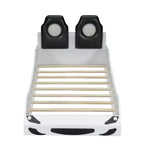 Letto a forma di auto da corsa per bambini, misura doppia, con luce a LED e schienale imbottito, struttura in legno, piattaforma letto per bambini