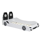 Letto a forma di auto da corsa per bambini, misura doppia, con luce a LED e schienale imbottito, struttura in legno, piattaforma letto per bambini