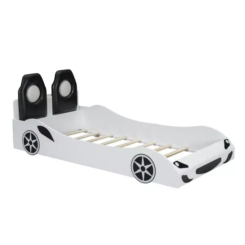 Letto a forma di auto da corsa per bambini, misura doppia, con luce a LED e schienale imbottito, struttura in legno, piattaforma letto per bambini
