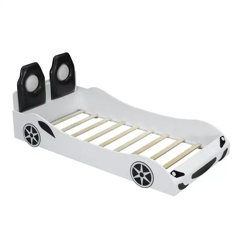 Letto a forma di auto da corsa per bambini, misura doppia, con luce a LED e schienale imbottito, struttura in legno, piattaforma letto per bambini