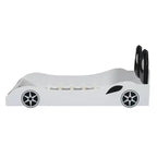Letto a forma di auto da corsa per bambini, misura doppia, con luce a LED e schienale imbottito, struttura in legno, piattaforma letto per bambini