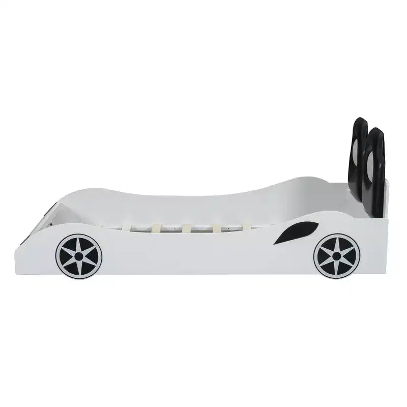 Letto a forma di auto da corsa per bambini, misura doppia, con luce a LED e schienale imbottito, struttura in legno, piattaforma letto per bambini