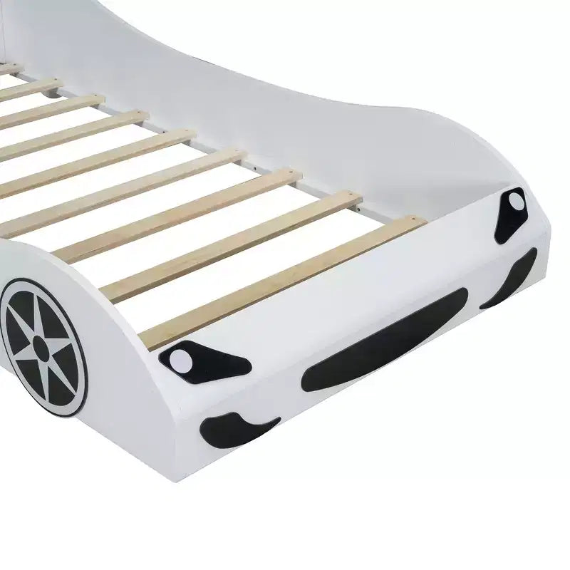 Letto a forma di auto da corsa per bambini, misura doppia, con luce a LED e schienale imbottito, struttura in legno, piattaforma letto per bambini