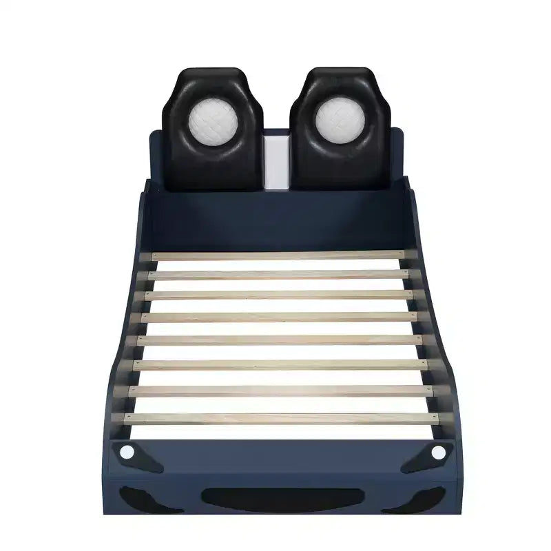 Letto a forma di auto da corsa per bambini, misura doppia, con luce a LED e schienale imbottito, struttura in legno, piattaforma letto per bambini