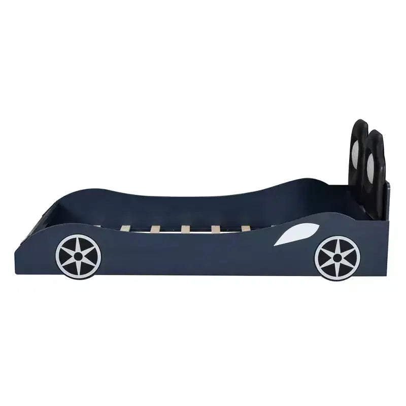 Letto a forma di auto da corsa per bambini, misura doppia, con luce a LED e schienale imbottito, struttura in legno, piattaforma letto per bambini