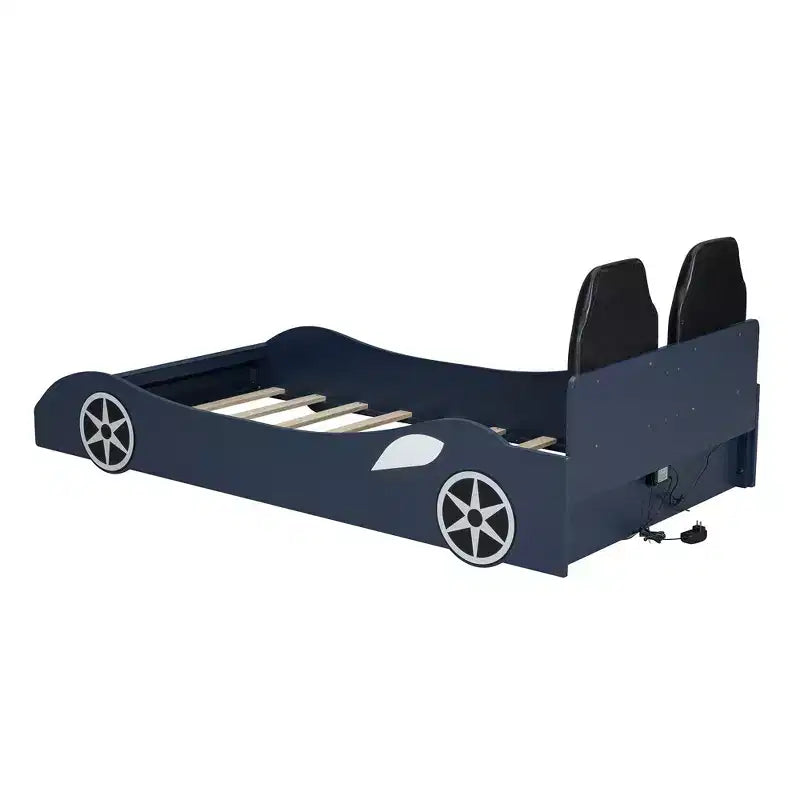 Letto a forma di auto da corsa per bambini, misura doppia, con luce a LED e schienale imbottito, struttura in legno, piattaforma letto per bambini